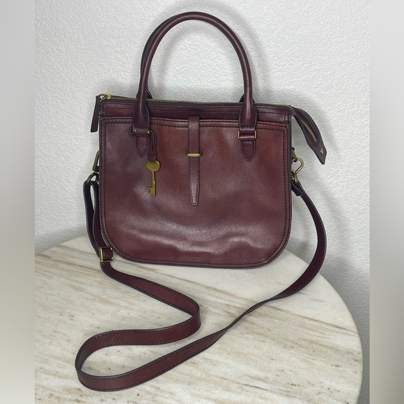 Fossil purse leather satchel “Ryder” medium maroon key hardware - Picture 1 of 9